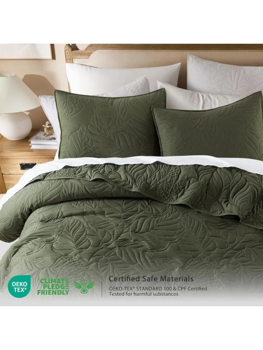 Olive Green King Quilt Set - Soft Lightweight Bedspread, Rustic Leaf Pattern, 3